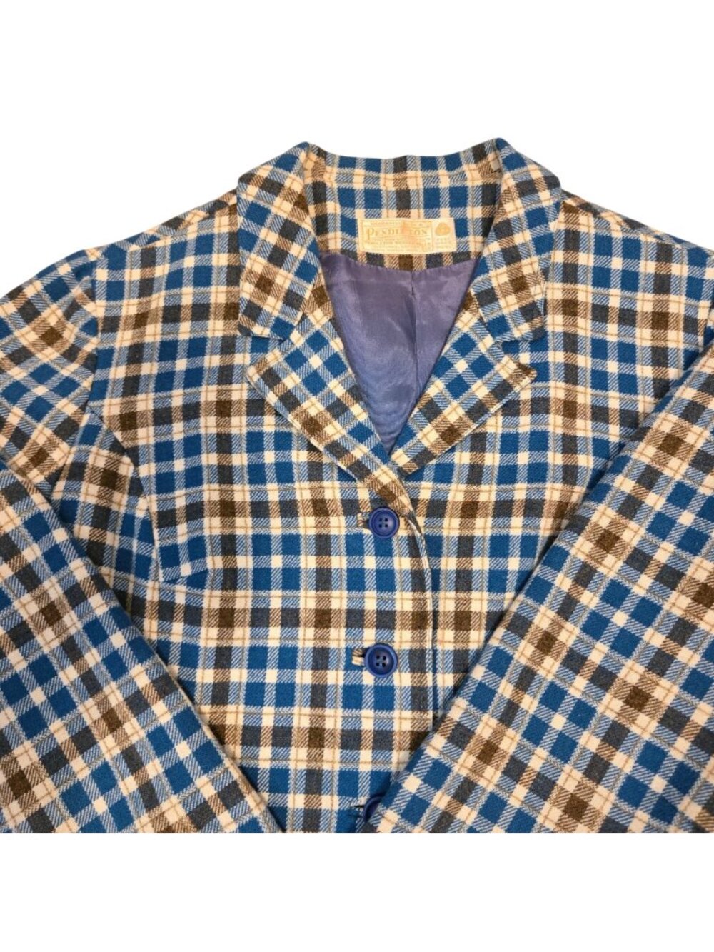 Vintage Pendleton Womens Cropped Blue Brown Plaid Blazer 100% Virgin Wool Sz. 14 - Picture 6 of 11